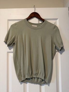 LOFT Light Sage Ribbed Crewneck Short Sleeve Top